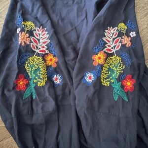 LOFT Navy Embroidered Floral Blouse with Multicolor Stitches